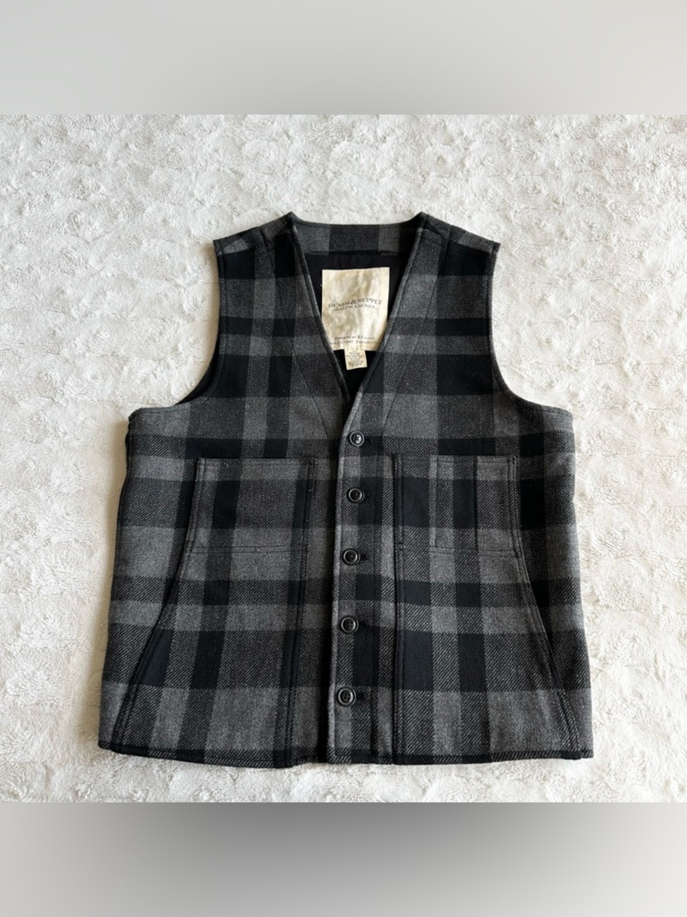 Vintage Ralph Lauren Denim Supply Vest Mens Large Black Gray Plaid Wool RRL NEW